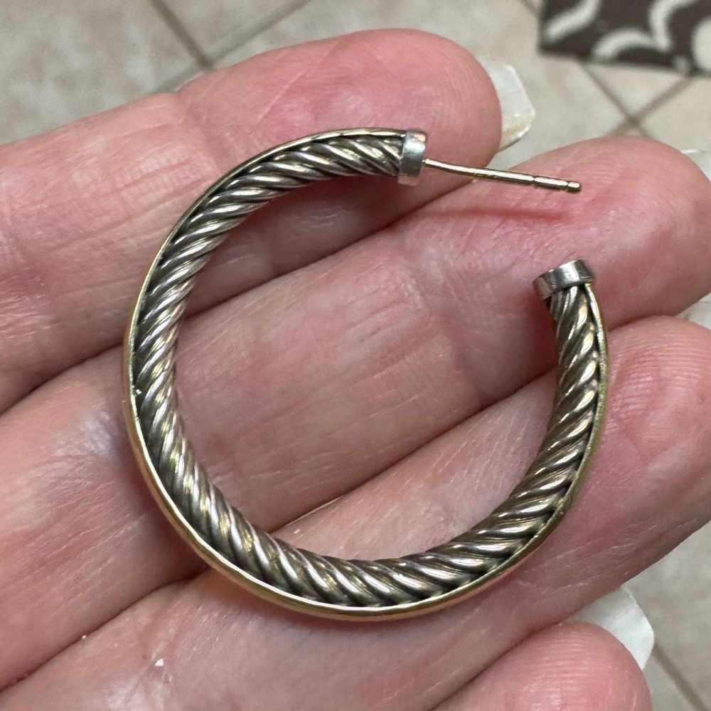 David Yurman 18k & SS Twist Hoop Earrings - Silver cable inside 18k outside - Picture 4 of 11